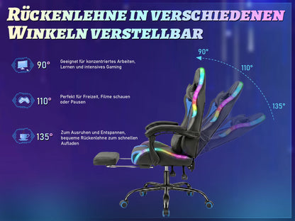 Devoko Ergonomic gaming chair with multi-color RGB lighting, footrest, height adjustable and tiltable for Games