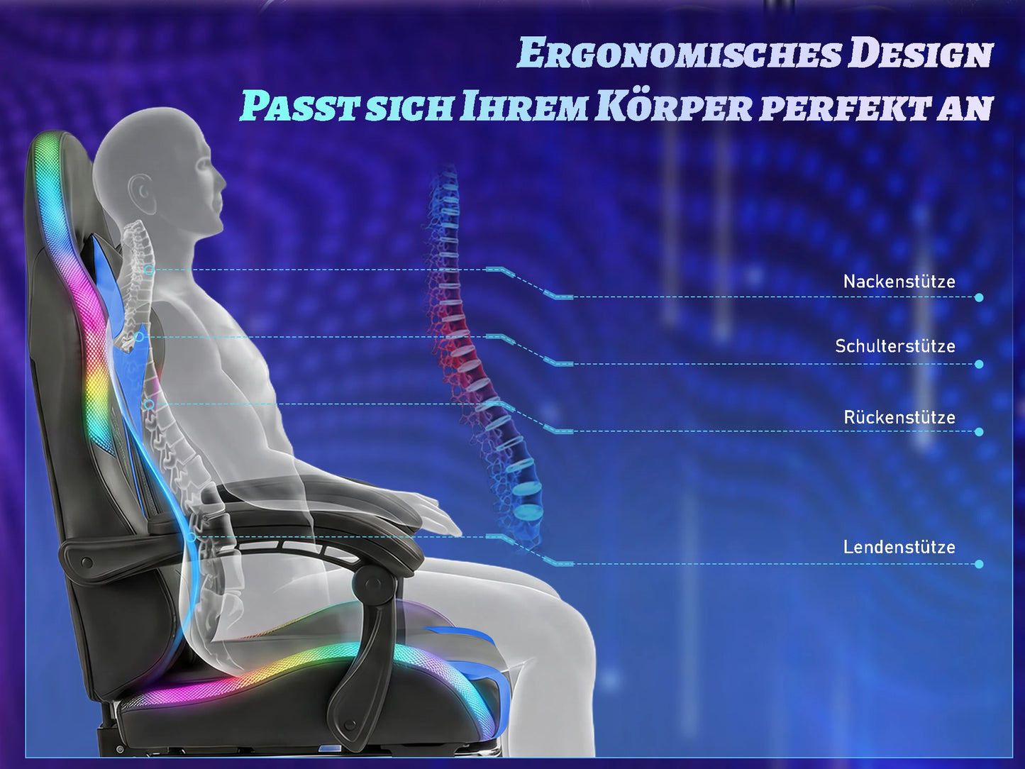 Devoko Ergonomic gaming chair with multi-color RGB lighting, footrest, height adjustable and tiltable for Games