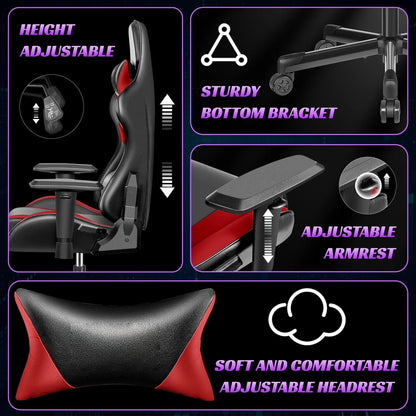 Gaming chair multi-directional adjustable PU leather ergonomic lumbar support Headrest Black Red
