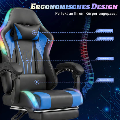 Devoko Ergonomic gaming chair with multi-color RGB lighting, footrest, height adjustable and tiltable for Games