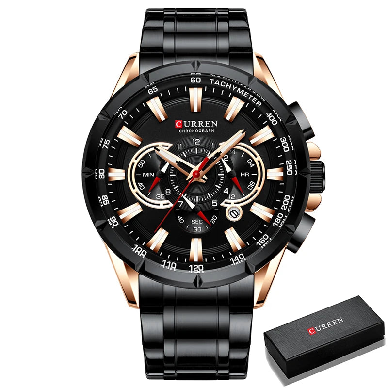 Relógio masculino CURREN Business Men, relógio de pulso de luxo em aço inoxidável, cronógrafo militar, relógio de quartzo