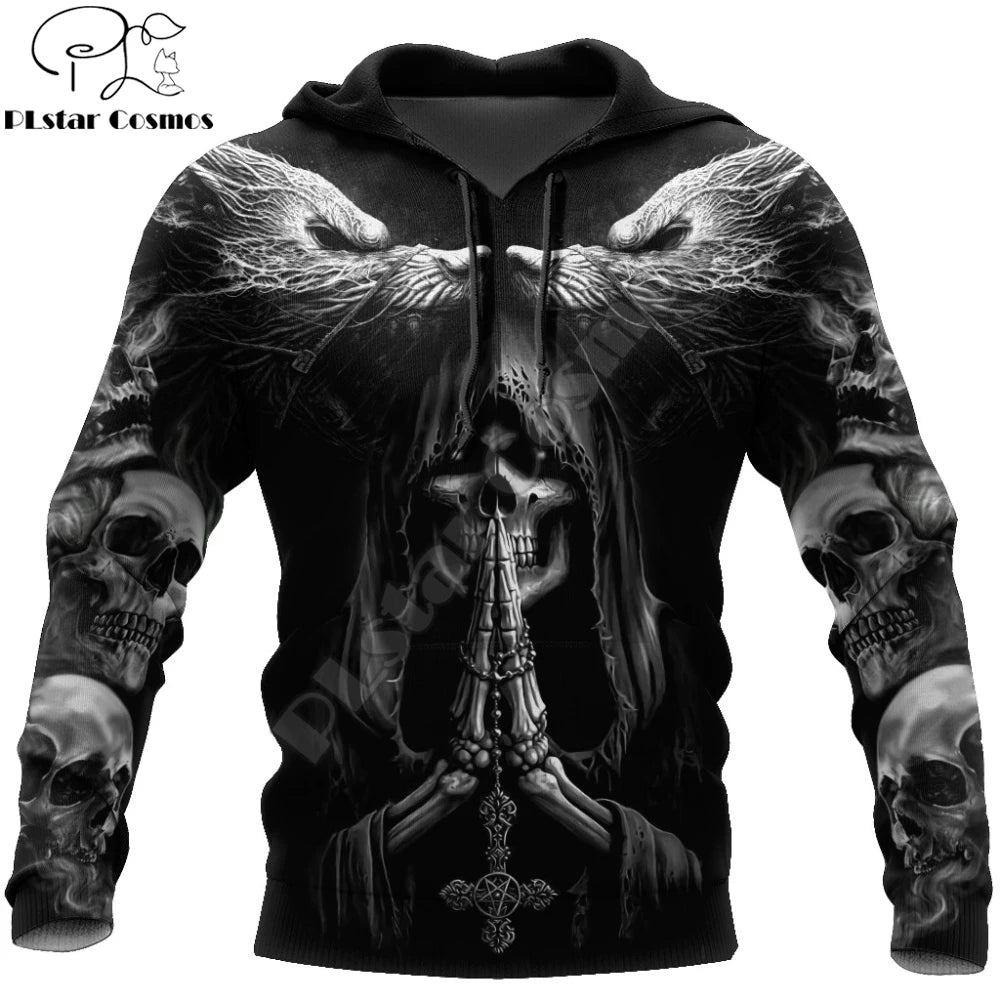 Sweatshirt com Capuz de Outono Fenrir Lobo Caveira Tatuagem 3D com Estampado Integral para Homem, Unissexo, com Fecho, Pullover, Casaco Casual DW0364