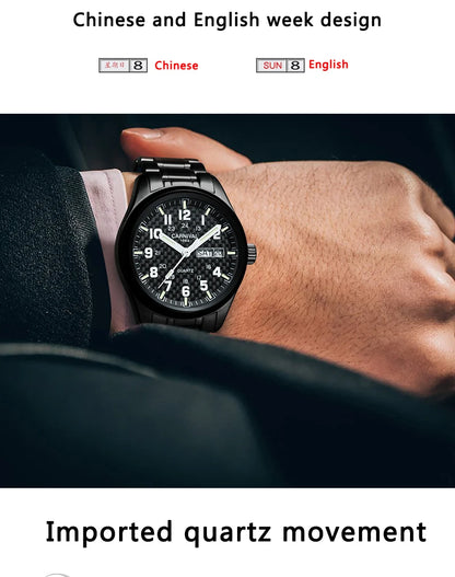 Reloj CARNIVAL de marca de lujo para hombre, reloj de cuarzo con manecillas luminosas, resistente al agua, de acero inoxidable macizo, Relogio Masculino 8638