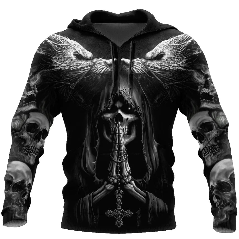 Sweatshirt com Capuz de Outono Fenrir Lobo Caveira Tatuagem 3D com Estampado Integral para Homem, Unissexo, com Fecho, Pullover, Casaco Casual DW0364