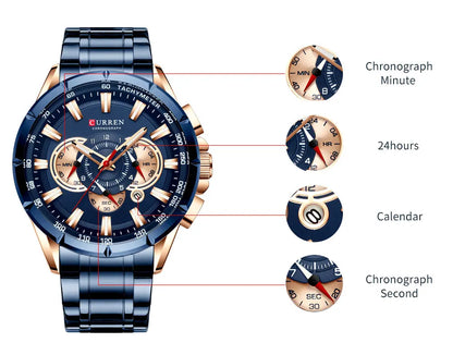 Relógio masculino CURREN Business Men, relógio de pulso de luxo em aço inoxidável, cronógrafo militar, relógio de quartzo