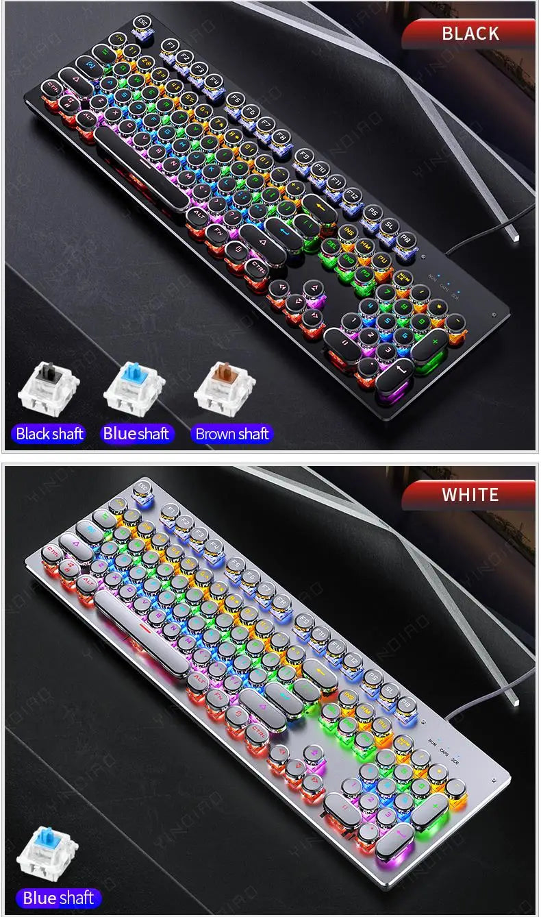 Teclado mecánico retro punk con interruptores azul, negro y marrón, 104 teclas, USB con cable, teclado gaming retroiluminado RGB para PC, portátil y gamers