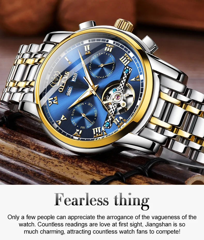 OLEVS Men's Watches Automatic Mechanical Business Wristwatch Waterproof Stainless Steel Strap Watch for Man Skeleton Calendar