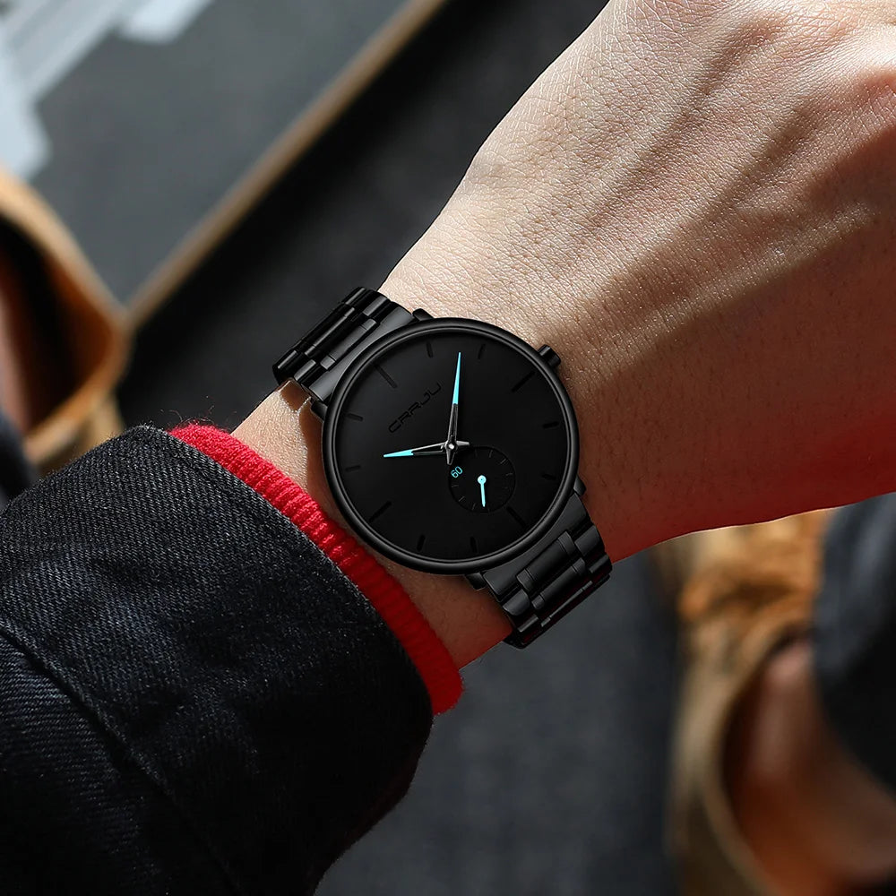 Montre pour homme CRRJU – Montre-bracelet en acier inoxydable, style décontracté et luxueux, étanche, montre de sport à quartz pour homme