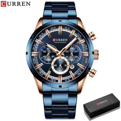 Reloj Curren para hombre con esfera azul, correa de acero inoxidable y fecha, reloj masculino de negocios, resistente al agua, reloj de pulsera de lujo para hombre