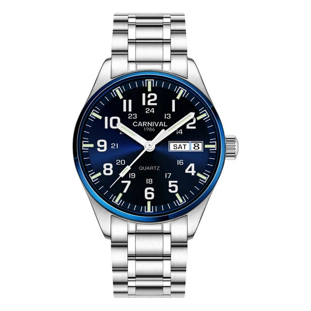 Reloj CARNIVAL de marca de lujo para hombre, reloj de cuarzo con manecillas luminosas, resistente al agua, de acero inoxidable macizo, Relogio Masculino 8638