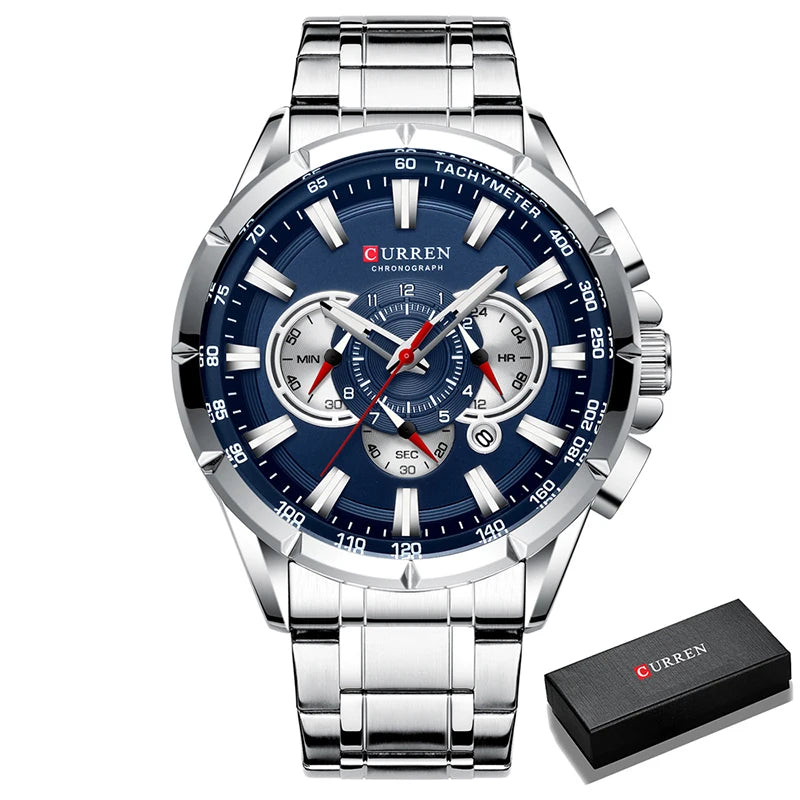 Relógio masculino CURREN Business Men, relógio de pulso de luxo em aço inoxidável, cronógrafo militar, relógio de quartzo