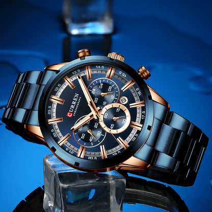 Reloj Curren para hombre con esfera azul, correa de acero inoxidable y fecha, reloj masculino de negocios, resistente al agua, reloj de pulsera de lujo para hombre