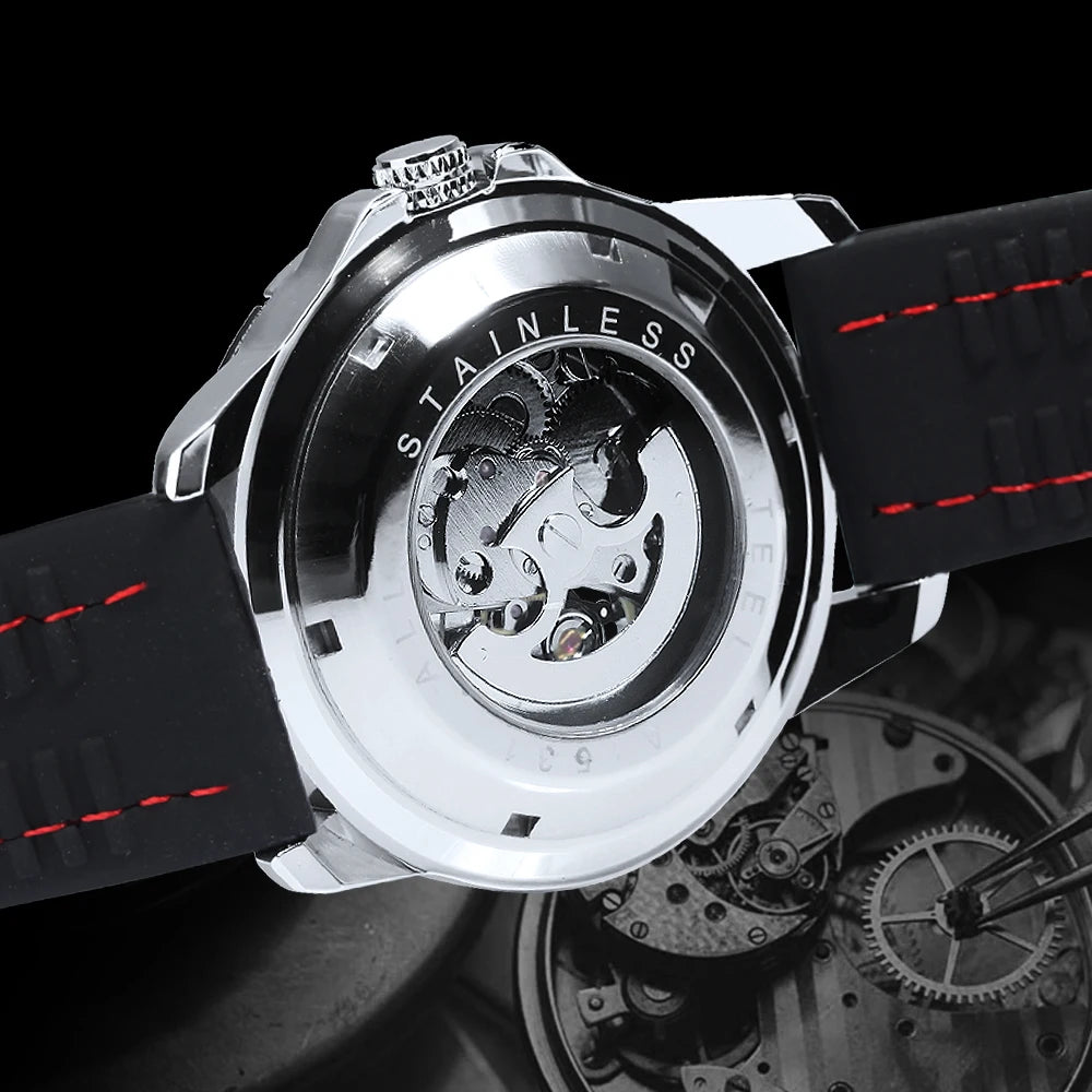 Pánské automatické hodinky WINNER – mechanický skeletový model, luminiscenční ručičky, kaučukový řemínek, sportovní a luxusní styl, ideální pro outdoorové aktivity