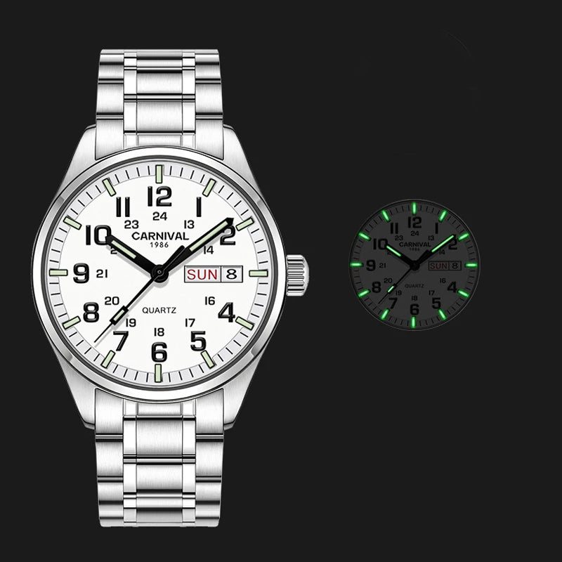 Reloj CARNIVAL de marca de lujo para hombre, reloj de cuarzo con manecillas luminosas, resistente al agua, de acero inoxidable macizo, Relogio Masculino 8638