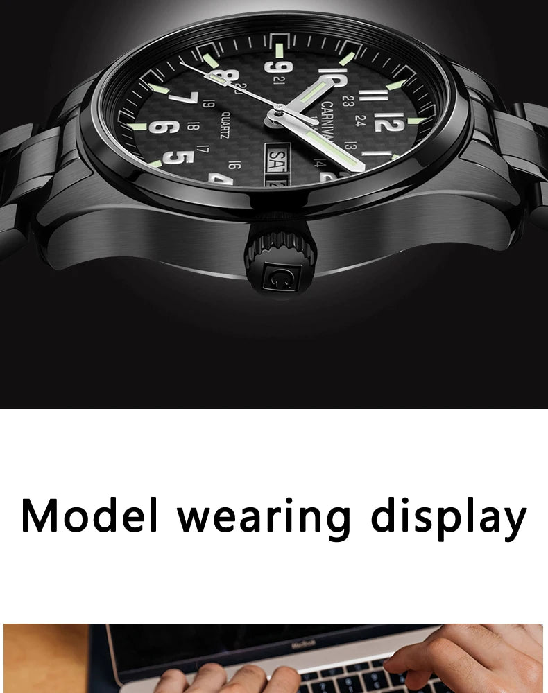 Reloj CARNIVAL de marca de lujo para hombre, reloj de cuarzo con manecillas luminosas, resistente al agua, de acero inoxidable macizo, Relogio Masculino 8638