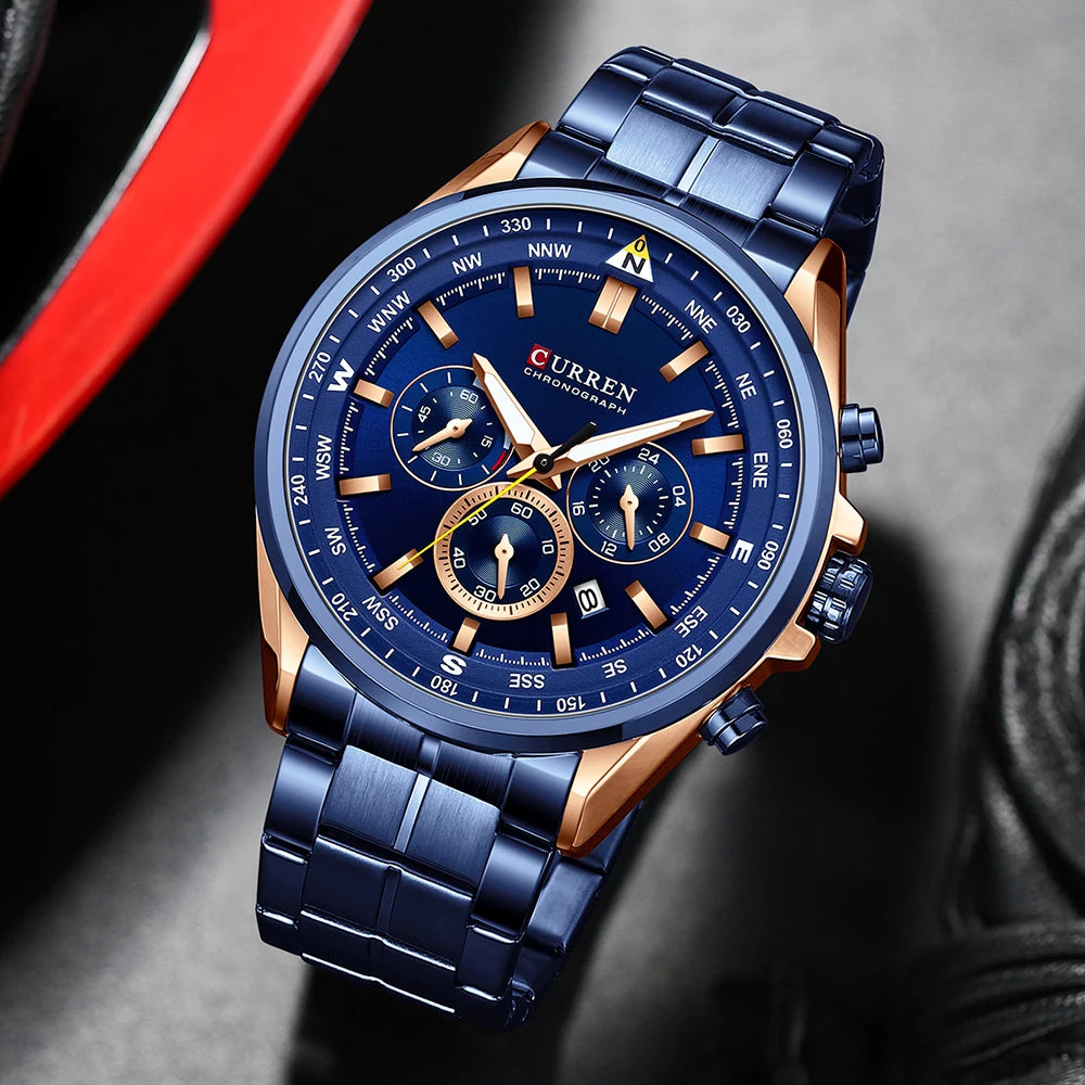 CURREN Men’s Watch – Trendy watch from a leading brand, luxury model, water-resistant, stainless steel, sporty style, quartz chronograph