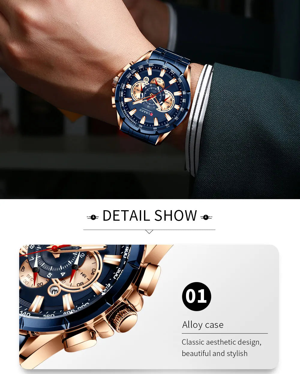 Relógio masculino CURREN Business Men, relógio de pulso de luxo em aço inoxidável, cronógrafo militar, relógio de quartzo