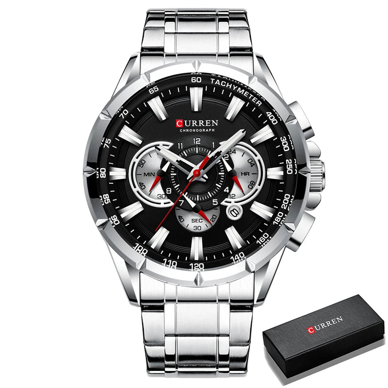 Relógio masculino CURREN Business Men, relógio de pulso de luxo em aço inoxidável, cronógrafo militar, relógio de quartzo