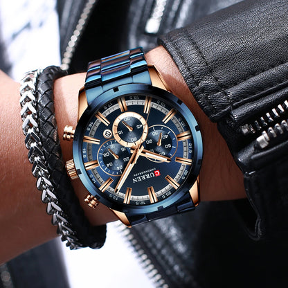 Reloj Curren para hombre con esfera azul, correa de acero inoxidable y fecha, reloj masculino de negocios, resistente al agua, reloj de pulsera de lujo para hombre