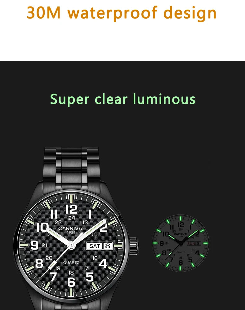 Reloj CARNIVAL de marca de lujo para hombre, reloj de cuarzo con manecillas luminosas, resistente al agua, de acero inoxidable macizo, Relogio Masculino 8638