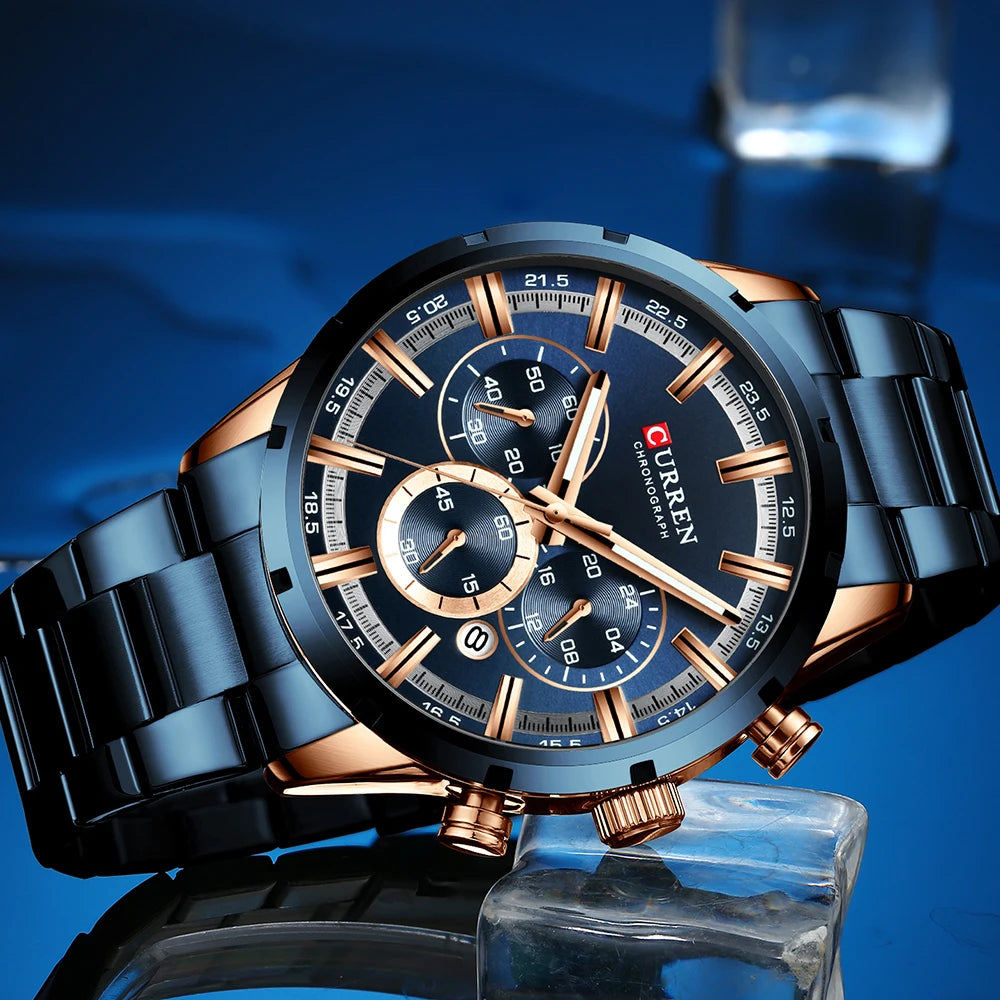Reloj Curren para hombre con esfera azul, correa de acero inoxidable y fecha, reloj masculino de negocios, resistente al agua, reloj de pulsera de lujo para hombre