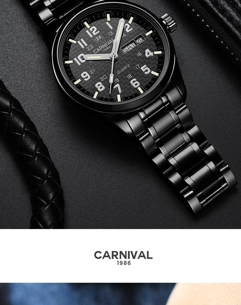 Reloj CARNIVAL de marca de lujo para hombre, reloj de cuarzo con manecillas luminosas, resistente al agua, de acero inoxidable macizo, Relogio Masculino 8638
