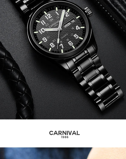 Reloj CARNIVAL de marca de lujo para hombre, reloj de cuarzo con manecillas luminosas, resistente al agua, de acero inoxidable macizo, Relogio Masculino 8638