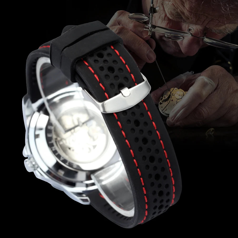 Pánské automatické hodinky WINNER – mechanický skeletový model, luminiscenční ručičky, kaučukový řemínek, sportovní a luxusní styl, ideální pro outdoorové aktivity