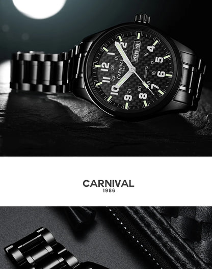 Reloj CARNIVAL de marca de lujo para hombre, reloj de cuarzo con manecillas luminosas, resistente al agua, de acero inoxidable macizo, Relogio Masculino 8638