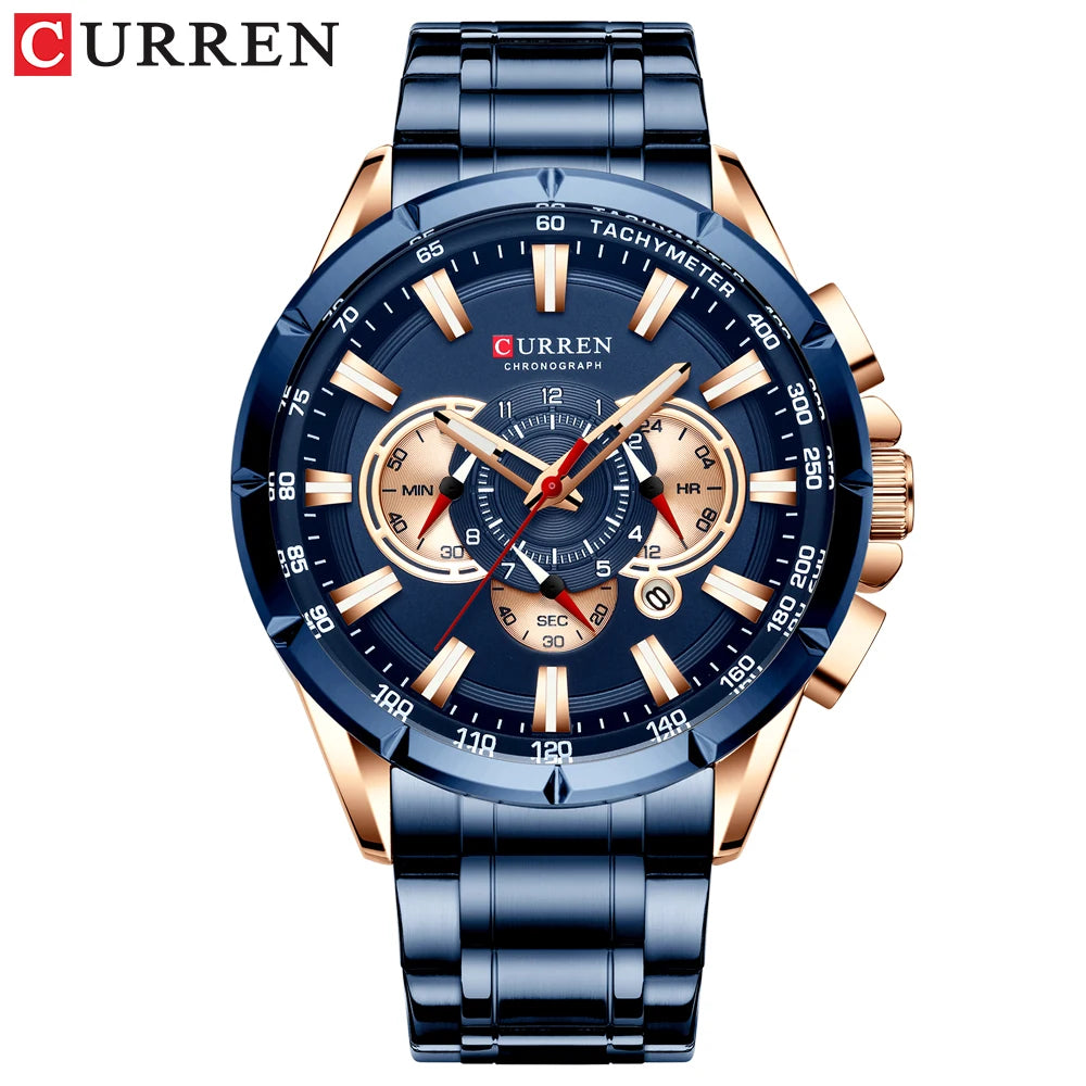 Relógio masculino CURREN Business Men, relógio de pulso de luxo em aço inoxidável, cronógrafo militar, relógio de quartzo