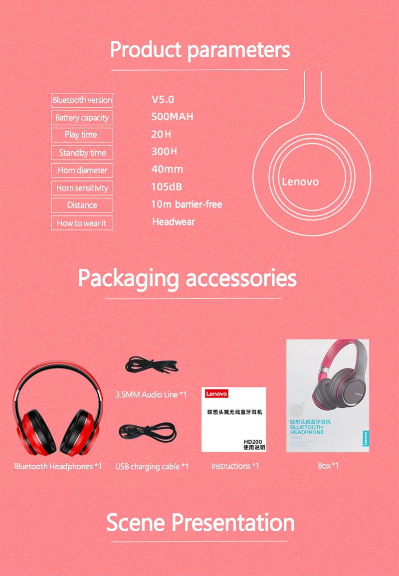 Auriculares Lenovo HD200 Bluetooth inalámbricos circumaurales – Casco gaming estéreo HiFi con cancelación de ruido y micrófono