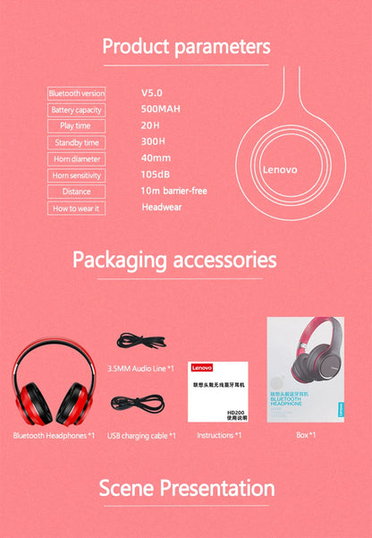 Auriculares Lenovo HD200 Bluetooth inalámbricos circumaurales – Casco gaming estéreo HiFi con cancelación de ruido y micrófono