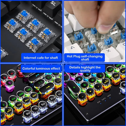 Teclado mecánico retro punk con interruptores azul, negro y marrón, 104 teclas, USB con cable, teclado gaming retroiluminado RGB para PC, portátil y gamers