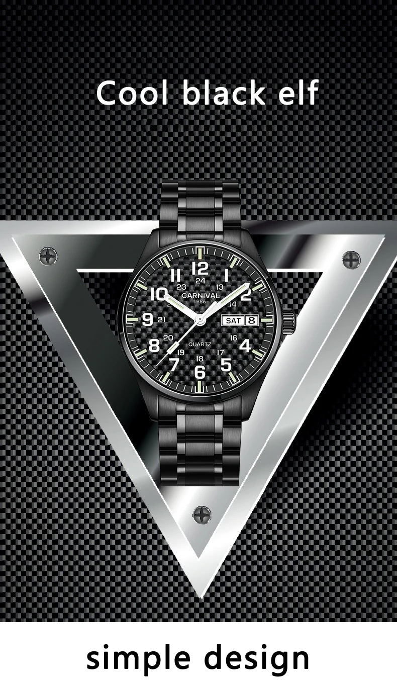 Reloj CARNIVAL de marca de lujo para hombre, reloj de cuarzo con manecillas luminosas, resistente al agua, de acero inoxidable macizo, Relogio Masculino 8638