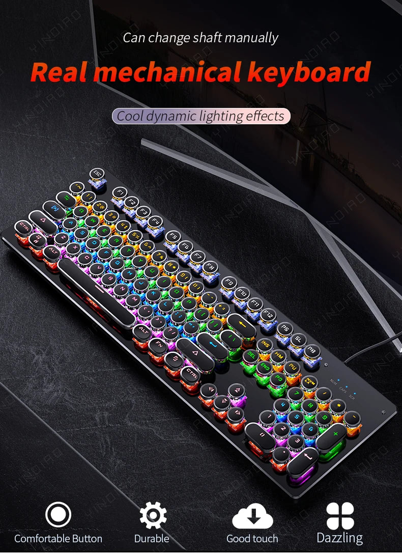 Teclado mecánico retro punk con interruptores azul, negro y marrón, 104 teclas, USB con cable, teclado gaming retroiluminado RGB para PC, portátil y gamers