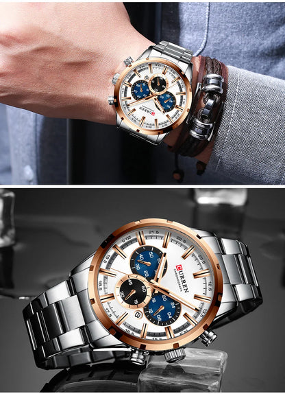 Vyriškas laikrodis „CURREN“ – prabangus sportinis chronografas, kvarcinis mechanizmas, pagamintas iš plieno, atsparus vandeniui