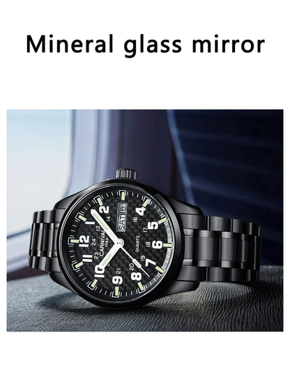 Reloj CARNIVAL de marca de lujo para hombre, reloj de cuarzo con manecillas luminosas, resistente al agua, de acero inoxidable macizo, Relogio Masculino 8638