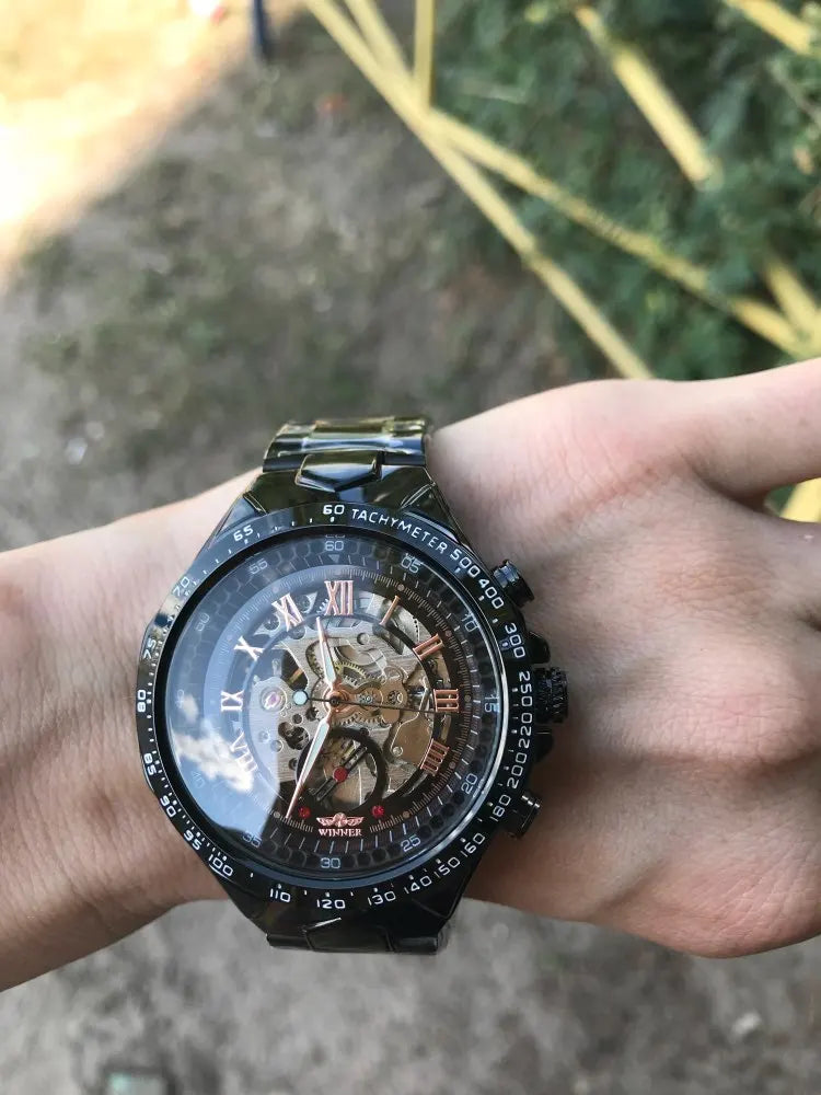 Winner Men’s Watch – Sporty design, intricate bezel, on-trend style, prestigious brand, automatic watch with exposed mechanism (skeletonised)