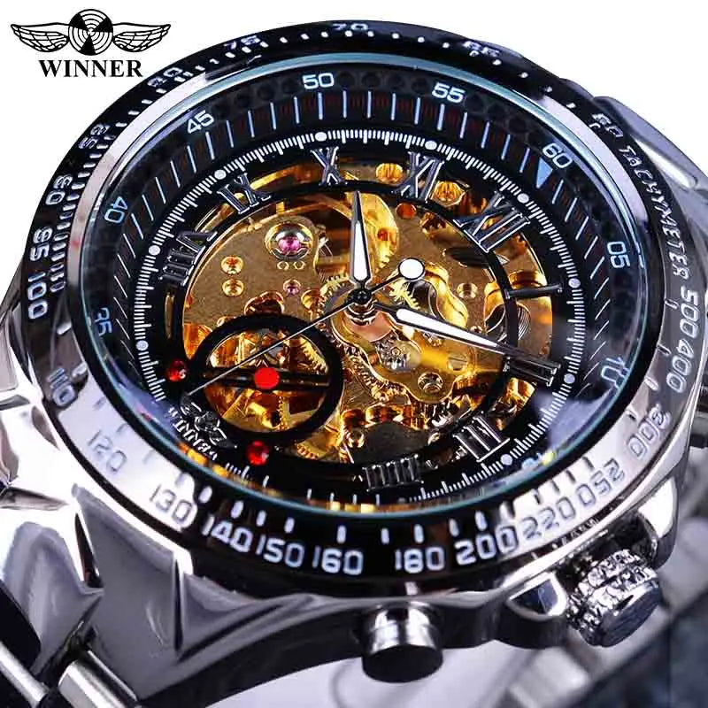 Winner Men’s Watch – Sporty design, intricate bezel, on-trend style, prestigious brand, automatic watch with exposed mechanism (skeletonised)