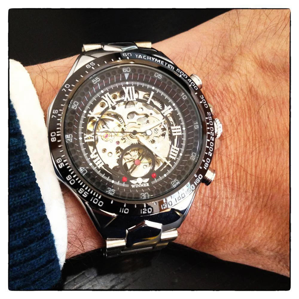 Winner Men’s Watch – Sporty design, intricate bezel, on-trend style, prestigious brand, automatic watch with exposed mechanism (skeletonised)