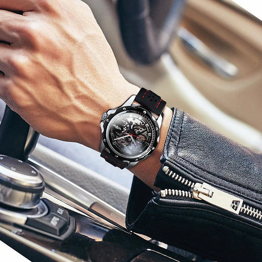 Montre automatique pour homme WINNER – Modèle mécanique squelette, aiguilles luminescentes, bracelet en caoutchouc, style sportif et luxueux, idéale pour les activités en plein air