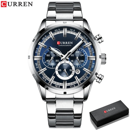 Reloj Curren para hombre con esfera azul, correa de acero inoxidable y fecha, reloj masculino de negocios, resistente al agua, reloj de pulsera de lujo para hombre