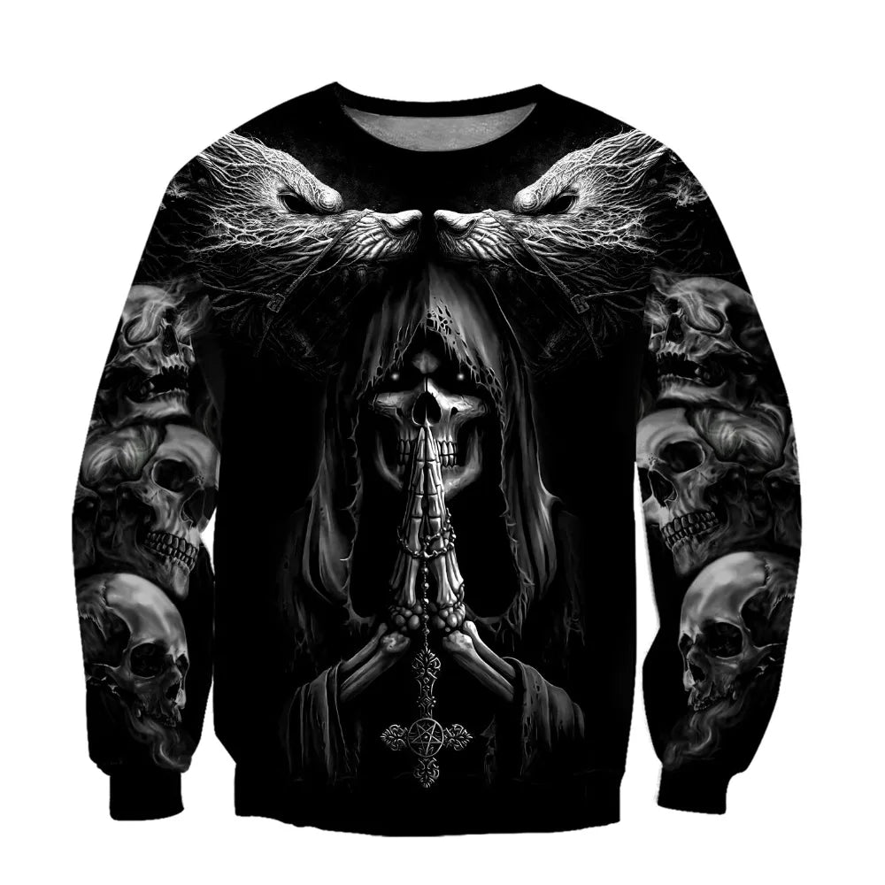 Sweatshirt com Capuz de Outono Fenrir Lobo Caveira Tatuagem 3D com Estampado Integral para Homem, Unissexo, com Fecho, Pullover, Casaco Casual DW0364