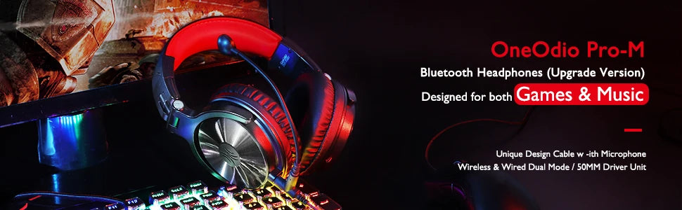Auriculares gaming inalámbricos Bluetooth 5.2 OneOdio 110H – 110H de autonomía, sonido de graves profundos circumaurales con micrófono, auriculares 2 en 1 con cable e inalámbricos para PC y PS4
