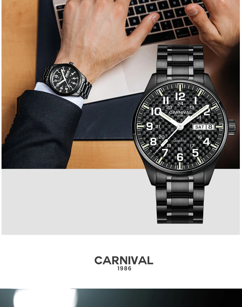 Reloj CARNIVAL de marca de lujo para hombre, reloj de cuarzo con manecillas luminosas, resistente al agua, de acero inoxidable macizo, Relogio Masculino 8638