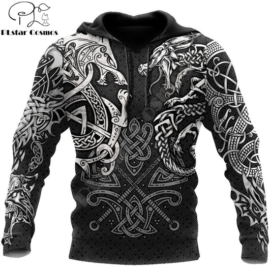 Sweatshirt com Capuz Fashion Lobo Fenrir e Tatuagem de Dragão, Estampado Integral 3D, para Homem, Unissexo, com Fecho, Casaco Casual DW0220
