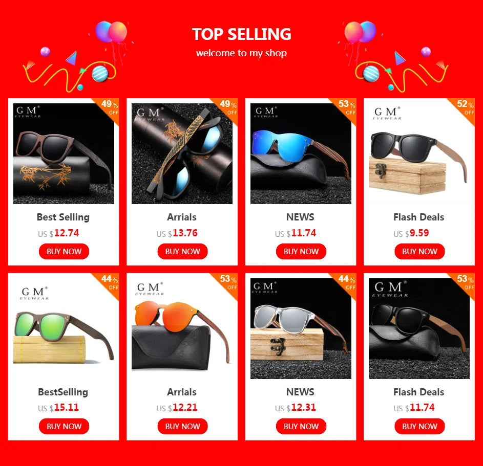 GM Natural Bamboo Wooden Sunglasses Handmade Polarized Glasses Mirror Coating Lenses Eyewear With Gift Box