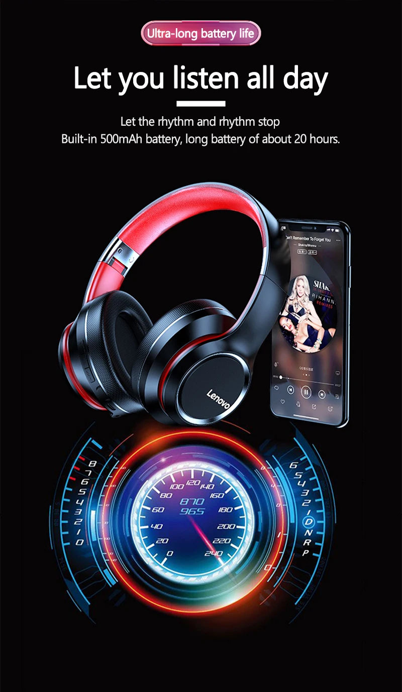 Auriculares Lenovo HD200 Bluetooth inalámbricos circumaurales – Casco gaming estéreo HiFi con cancelación de ruido y micrófono