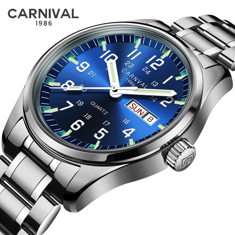 Reloj CARNIVAL de marca de lujo para hombre, reloj de cuarzo con manecillas luminosas, resistente al agua, de acero inoxidable macizo, Relogio Masculino 8638