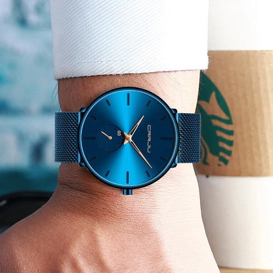 Montre pour homme CRRJU – Modèle bleu, style minimaliste et ultra-fin, montre à quartz de marque de luxe, étanche, idéale pour un usage quotidien.